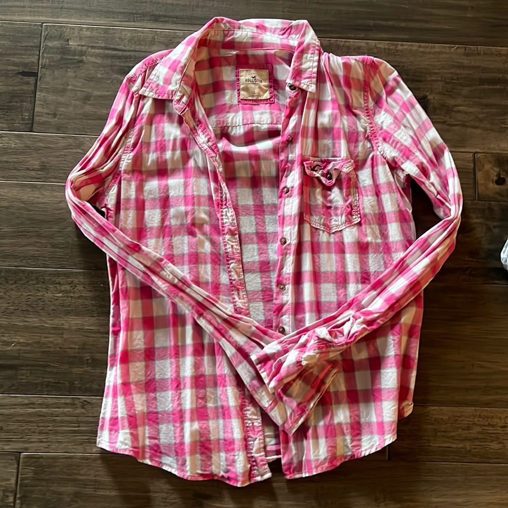 Hollister pink and white button down size L